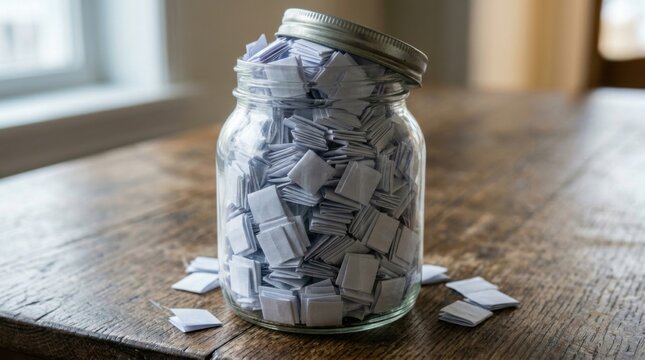 Jar filled with paper notes on a wooden table.