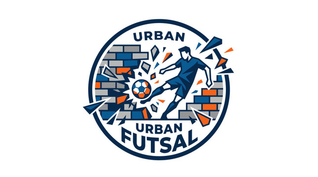 Urban Futsal logo depicting a soccer player kicking a ball through a brick wall in a dynamic circular emblem.