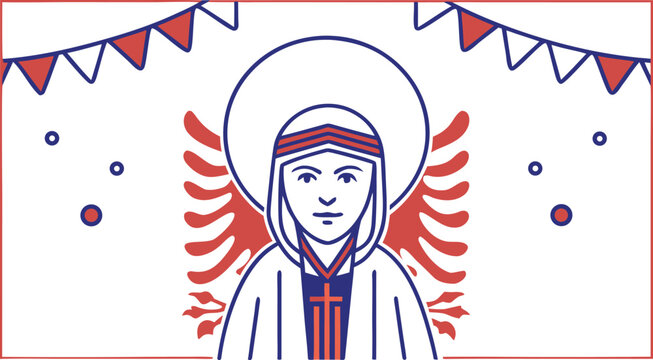 Red and blue of mother teresa with halo and doves