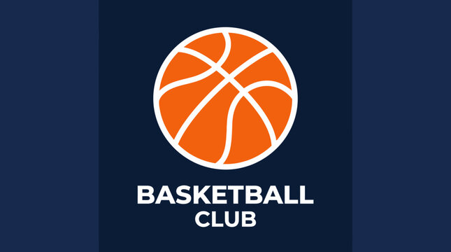 A minimalist logo for a basketball club featuring an orange basketball with white outlines above the text 'BASKETBALL CLUB' on a dark blue background.