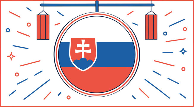 Red and blue stylized poster with slovak flag and abstract white coat of arms