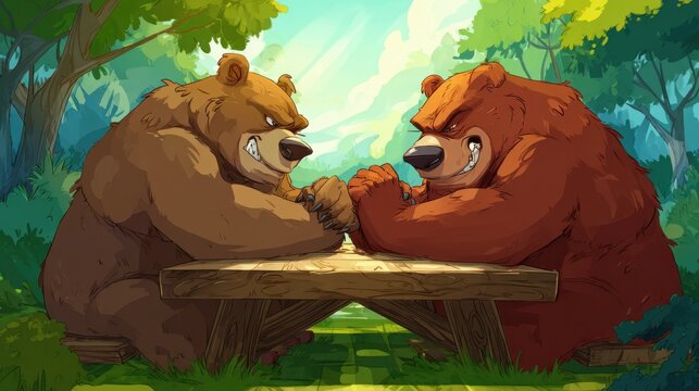 Two cartoon-style anthropomorphic bears sitting across from each other at a wooden picnic table in a lush park with trees. 