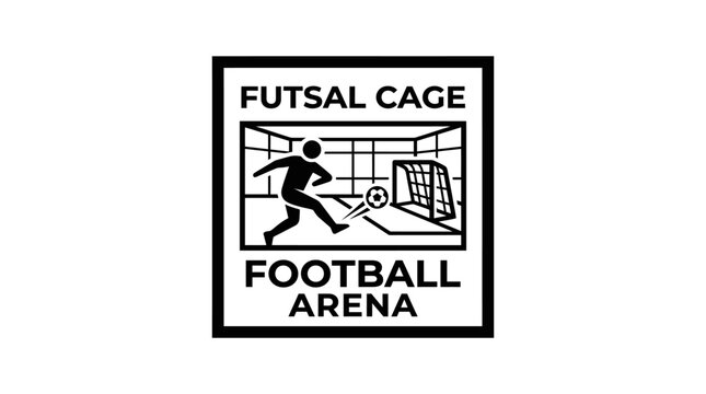 Black and white logo for a futsal cage and football arena, featuring a player kicking a ball towards a goal inside a fenced court.