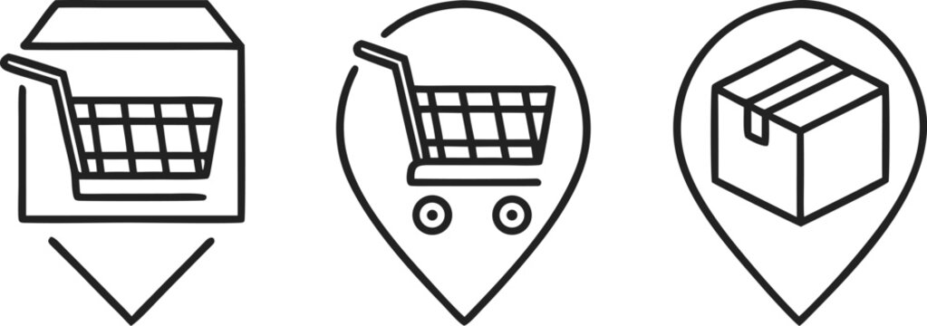 Minimalist of online shopping cart, credit card, and wallet with outline style e-commerce