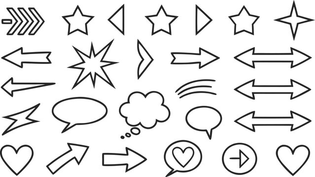 Hand-drawn doodle set with arrows, stars, hearts, and geometric shapes hand drawn