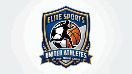 Naklejka premium A dynamic sports logo featuring a running athlete silhouette, a soccer ball, and a basketball within a blue and gold shield emblem, with 'Elite Sports United Athletes' text.
