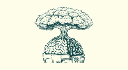 Conceptual Illustration of a Tree Growing from a Human Brain Inside a Mechanical Robotic Head Part © vectorial