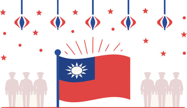Taiwanese flag, soldiers in white uniforms, celebration, military parade, red sky