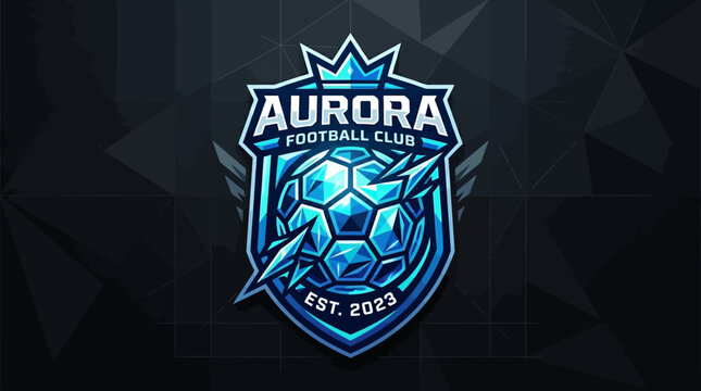 Aurora Football Club logo featuring a blue and white shield with a crown, wings, and a geometric soccer ball with lightning bolts, established 2023, on a dark background.
