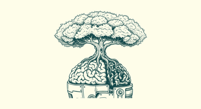 Conceptual Illustration of a Tree Growing from a Human Brain Inside a Mechanical Robotic Head Part