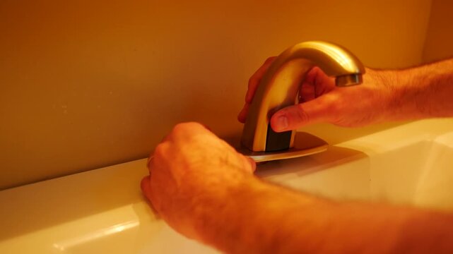 A Contractor Installs Motion Sensor Gold Faucet