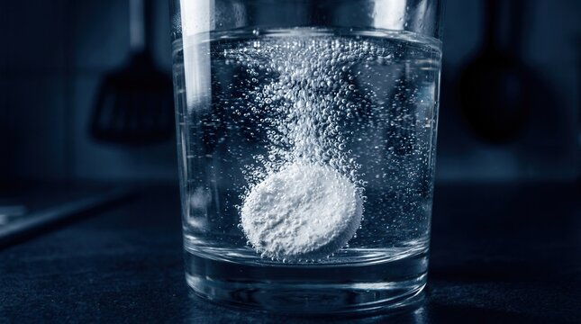 Effervescent Tablet Dissolving In Water Demonstrates The Creation of Bubbles and the Reaction