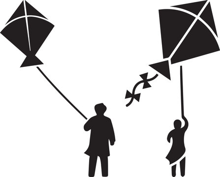 Minimalist kite flying silhouette vector, people flying kites during Makar Sankranti festival, black and white outdoor activity illustration
