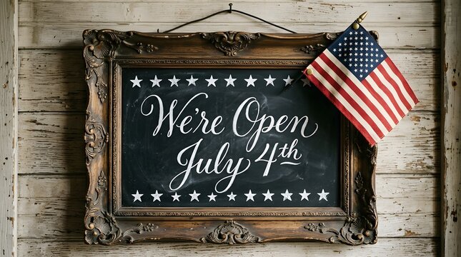 Festive fourth of july announcement 'we're open' sign with american flag decoration