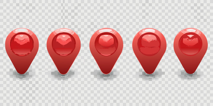 Red map pins collection 3d render with transparent background