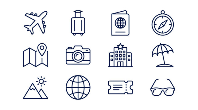 Travel icon set: airplane luggage map camera globe hotel passport compass beach ticket glasses