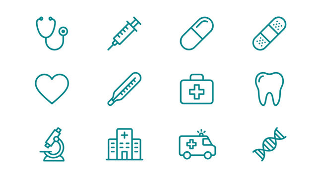 Medical healthcare icons: stethoscope syringe pill band-aid heart thermometer first aid kit