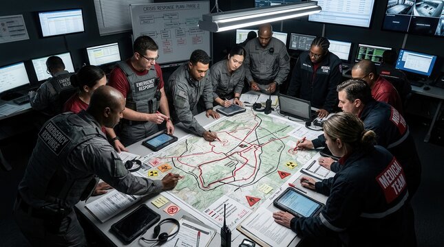 Emergency Response Team Analyzing Tactical Map in Command Center for Crisis Management Operation
