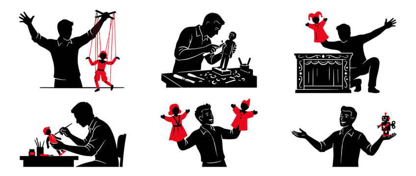 Collection of Creative Handcrafts and Entertainment with Puppets and Toys Silhouette Art