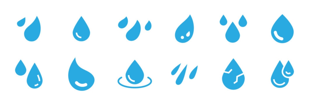 Conjunto de iconos de gotas de agua. Formas l&iacute;quidas, variaciones de salpicadura, fluidez natural, recurso h&iacute;drico, s&iacute;mbolo de humedad. Ilustraci&oacute;n vectorial