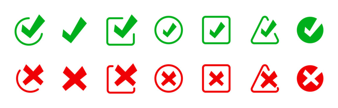 Conjunto de iconos de validaci&oacute;n. Confirmaci&oacute;n y aprobaci&oacute;n, error negativo, selecci&oacute;n correcta, interfaz de usuario, estados de verificaci&oacute;n. Ilustraci&oacute;n vectorial