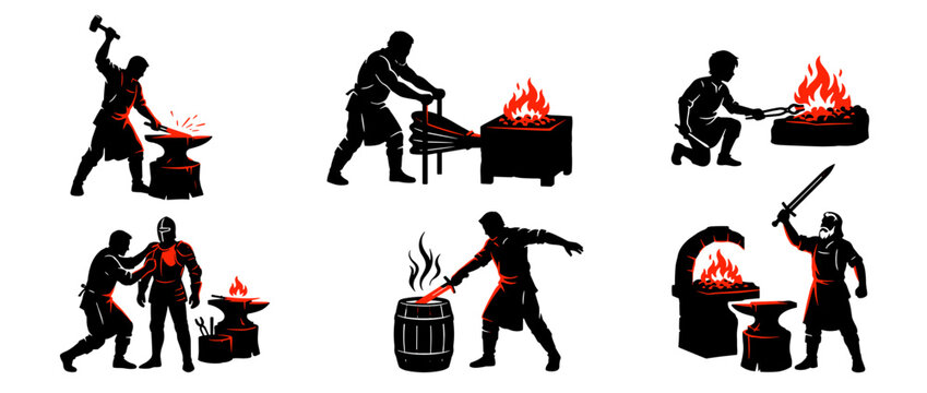 Silhouettes of skilled workers forge metal craft armor and shape weapons with intense fire and tools