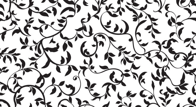 Seamless Leafy Vine Pattern Black and White Botanical Silhouette Background for Textile Design and Luxury Branding