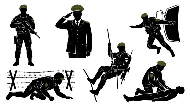 Military Personnel Silhouettes in Various Action Poses: Standing Saluting Climbing and First Aid