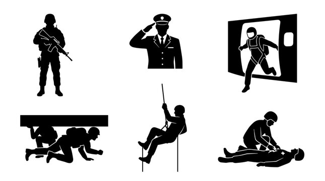 Illustration Set Depicting Various Emergency and Military Occupations Tasks and Rescue Operations