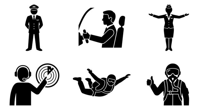A collection of stick figures representing various aviation flight and adventure-related professions
