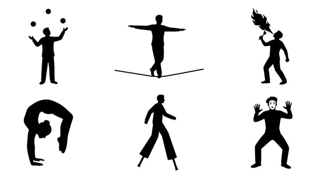 Collection of circus performers silhouettes: juggler tightrope walker fire eater acrobat stilt walker mime