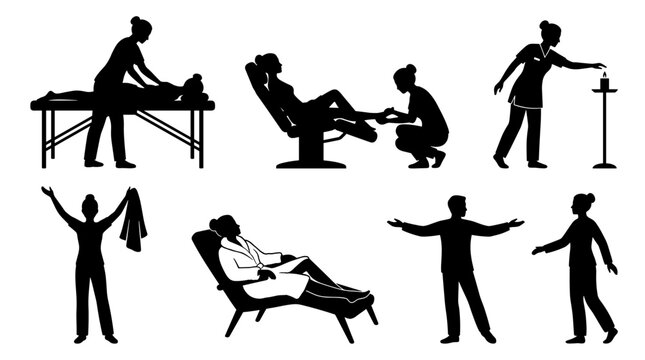 Collection of silhouetted figures representing spa massage beauty and wellness services