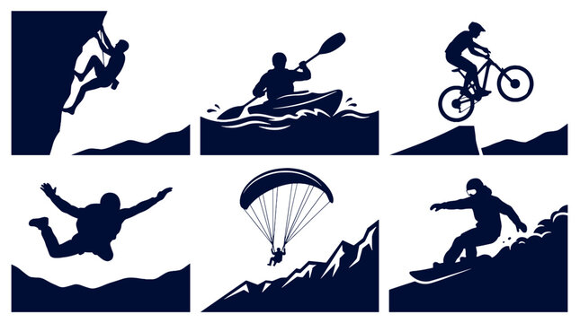 Dynamic collection of extreme sports silhouettes: rock climb kayak bike skydive paraglide snowboard