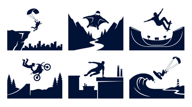 Dynamic Extreme Sports Adventure Collection: Skydiving Wingsuit Skateboarding Motocross Parkour Kitesurf