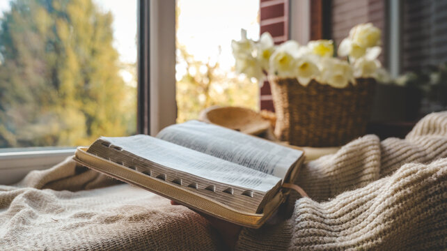 Open Bible rests on a cozy blanket by a window with flowers