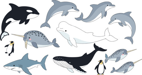 Marine animal collection vector set with dolphin whale shark narwhal penguin and orca illustrations © Shabita
