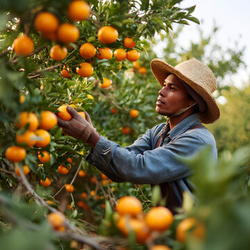 Farmer picking oranges from the field
