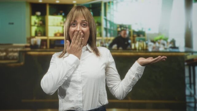 Woman covers mouth with hand and displays palm up gesture by a bar counter in a building; surprise delight.