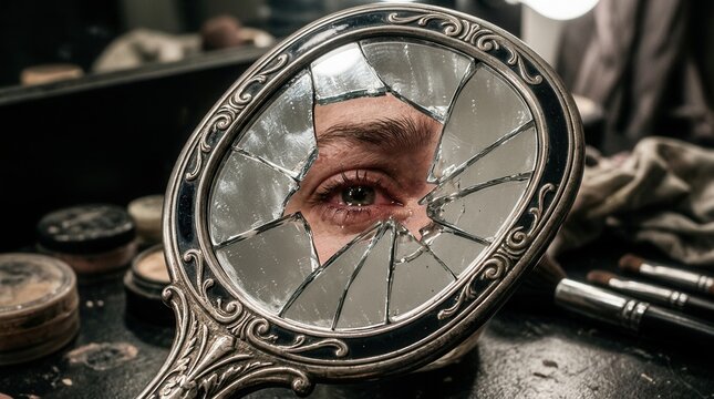 Fragile Reflection Of An Eye In A Shattered Vanity Mirror