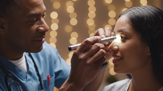 A male doctor uses a penlight to examine a female patient's eyes. The scene is professional and warm with soft bokeh lighting. Ideal for healthcare or medical service advertising.