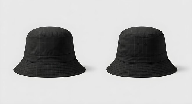 A pair of black bucket hats featuring a minimalist grid texture are shown from different angles for apparel mockup.