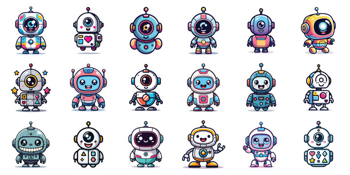 Set of Cute Cartoon Robot Characters and Kawaii Android Mascots