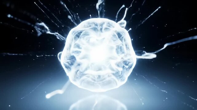 Extreme close-up of a luminous, ethereal digital sphere subtly pulsing, then dynamically expanding into an intricate network of light trails against a minimalist void background, symbolizing digital