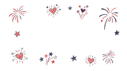Patriotic Fireworks and Hearts Chalk Doodle Frame with Copy Space. For Fourth of July invitations, Independence Day social media posts, stickers, and American-themed holiday greeting cards. © Iryna