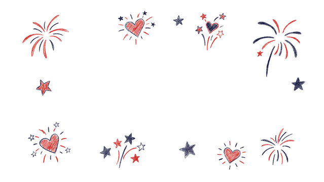 Patriotic Fireworks and Hearts Chalk Doodle Frame with Copy Space. For Fourth of July invitations, Independence Day social media posts, stickers, and American-themed holiday greeting cards.