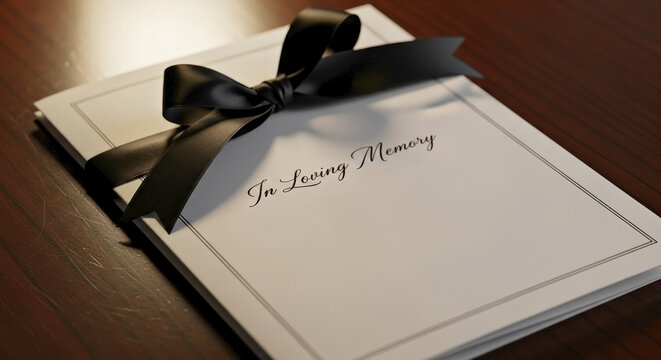 Solemn funeral program with black ribbon bow, "In Loving Memory" inscription, on dark wood. Funeral program offers dignified design, ideal for honoring departed loved ones.