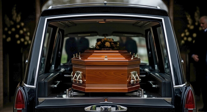Wooden casket in hearse positioned for dignified funeral procession service. Ornate casket in hearse, adorned with flowers, carefully transported by funeral staff for sacred burial.