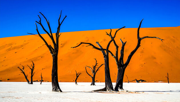 Ancient Dead Trees in Deadvlei Namibia with Orange Sand Dune