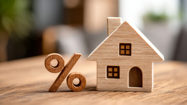 Wooden house model next to percentage symbol on table showing real estate concept and financial considerations