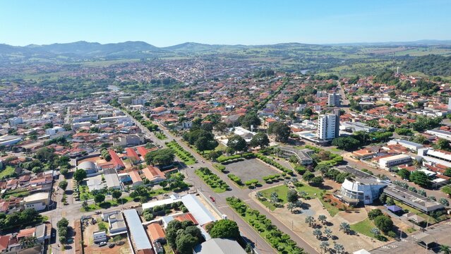 Aerial view of town of Ceres surrounded by mountains and green valleys on May, 2026. Ceres, Goias, Brazil